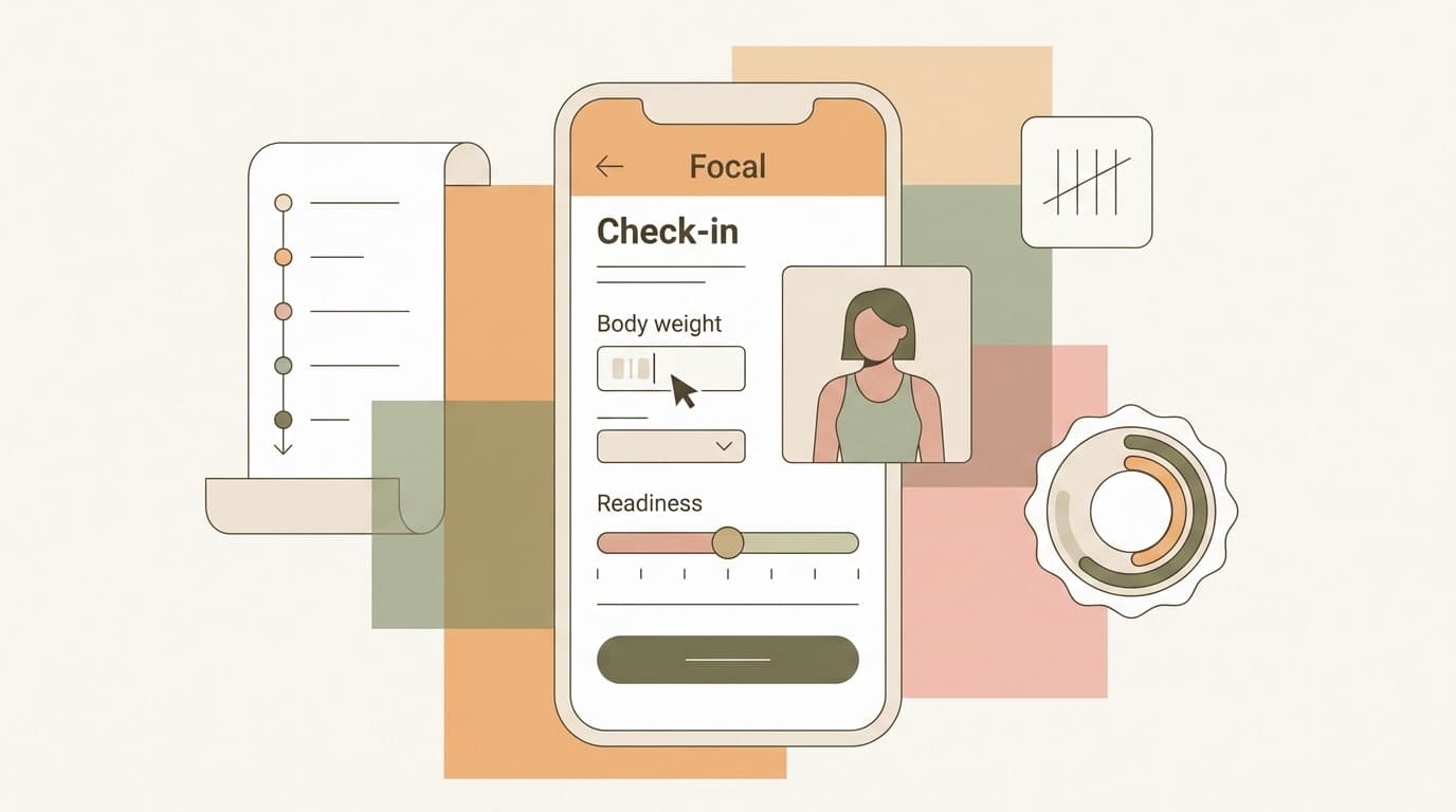 A mobile phone screen showing a Focal app check-in form with fields for body weight, an uploaded progress photo, and a readiness slider.
