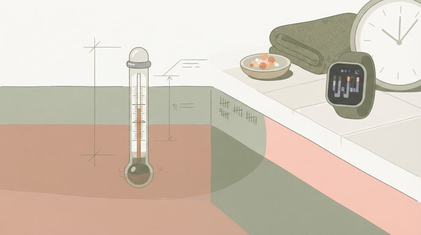 A close-up of a bath thermometer floating in warm water, representing optimal temperature control for a pre-sleep bath.