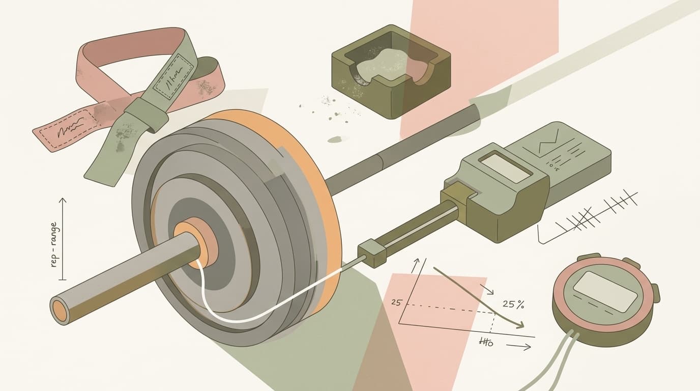 A close-up of a barbell with a linear position transducer attached, demonstrating velocity-based training tracking in a professional gym setting.