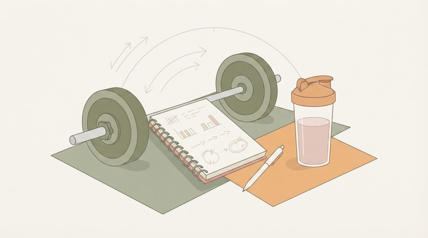 A barbell set up on a gym floor alongside a notebook and a sports drink, representing nutrition planning for heavy training days.