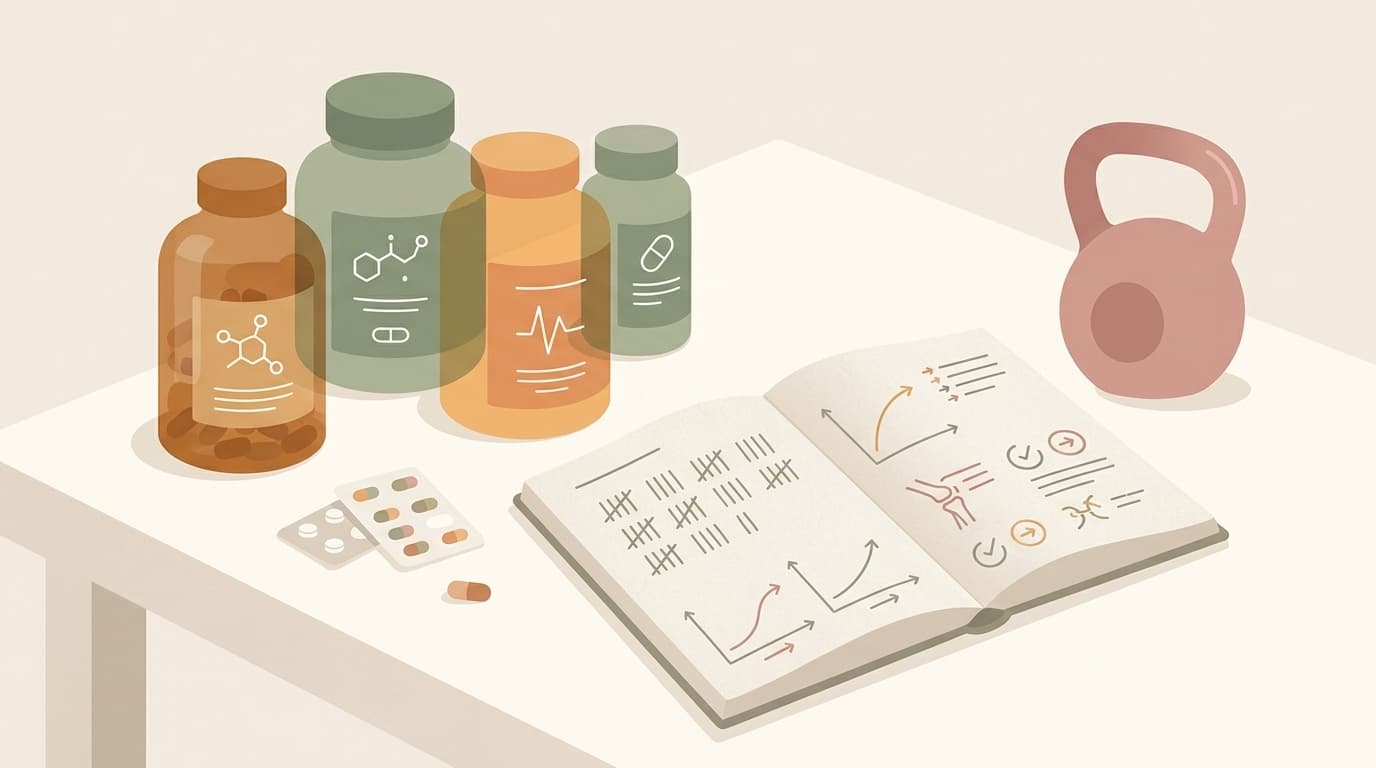 A collection of joint health supplements resting on a table alongside a workout logbook.
