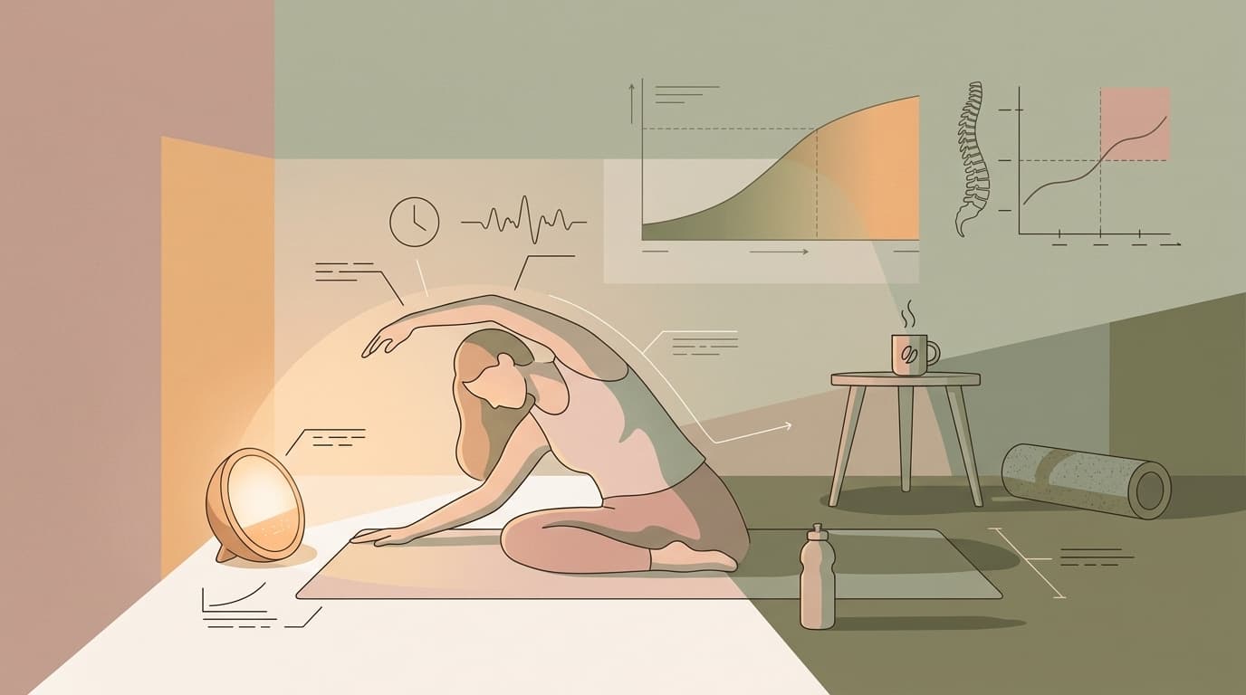 A person stretching on a yoga mat in a dimly lit room, illuminated by a sunrise simulation clock. They are preparing for a safe early morning workout.