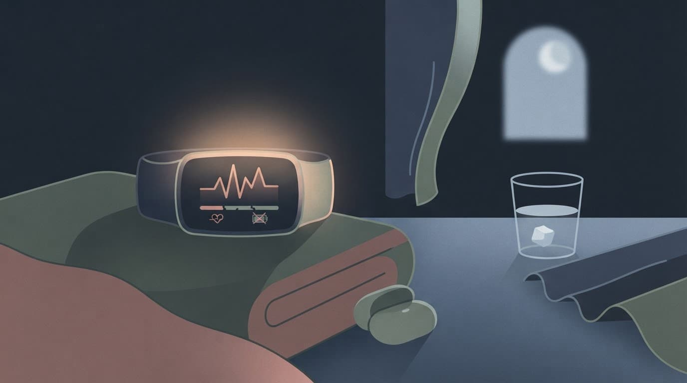 A close-up of a wearable fitness tracker illuminated in a dark room. The screen displays an increased resting heart rate and a lowered recovery score following an evening out.