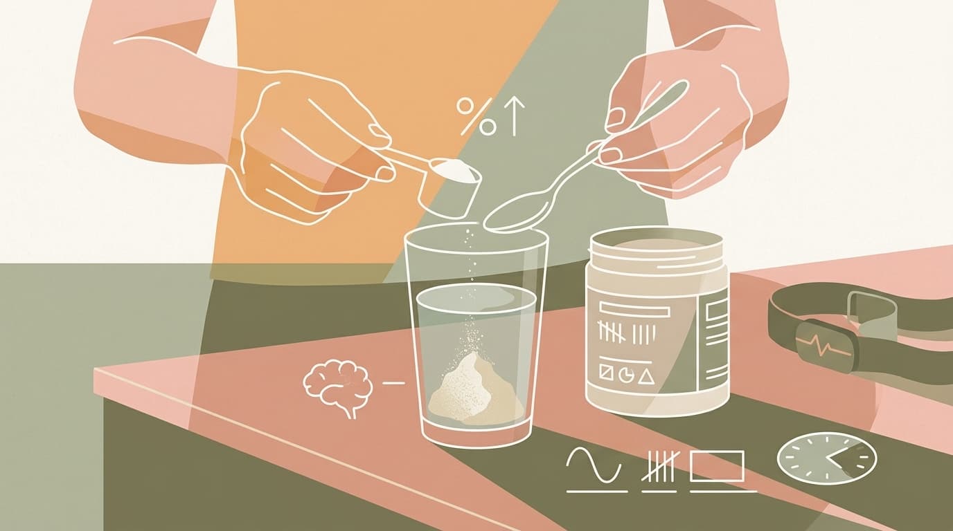 A close up of a person carefully mixing plain creatine monohydrate powder into a glass of water on a kitchen counter.